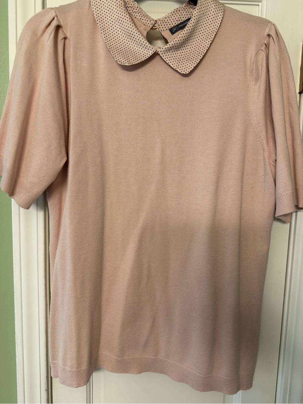 Adrianna Papell Blush Pink Knit Top with Polka Dot Peter Pan Collar